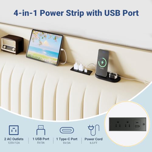 Image of Allewie King Size Platform Bed Frame with USB Charging Station and Storage Shelf /Upholstered Velvet Wingback Headboard /Wooden Slats Support /No Box Spring Needed /Easy Assembly, Cream