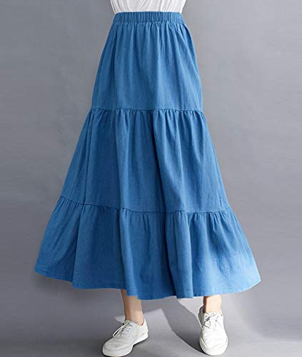 Femiserah Women's Elastic Waist Denim Tiered Skirt Long Prairie Skirts3