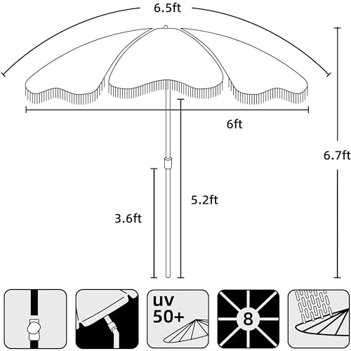 Ammsun Boho Outdoor Umbrella With Tassels, 6.5Ft Fringe Beach Umbrella, Upf50+ Picnic Umbrella Outdoor Patio With Steel Pole And Push Button Tilt thumb #5