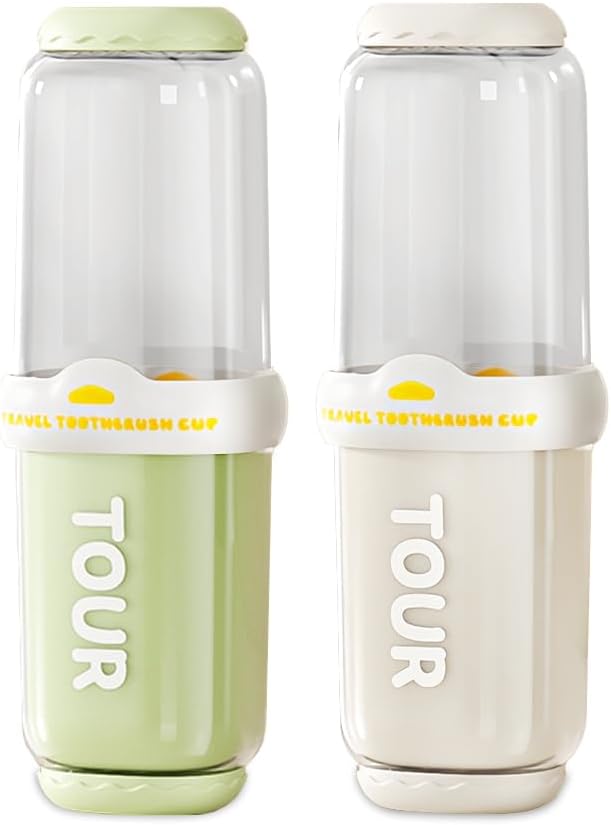 Tiiyee 2 Pack Toothbrush Travel Case, Portable Tooth Brush Holder and Toothpaste Cover Container Rinse Cup Oral Clean Tools Organizer for Camping Traveling School Bathroom Business(White + Green)