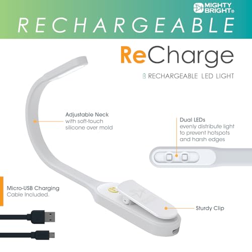 Image of The Original Mighty Bright Recharge Clip On Rechargeable Book Light Reading Light, Warm Eye Care LEDs, Flexible, Durable, Dimmable, Perfect for Kids, Bookworms, Reading in Bed, Lasts 60 Hours (White)