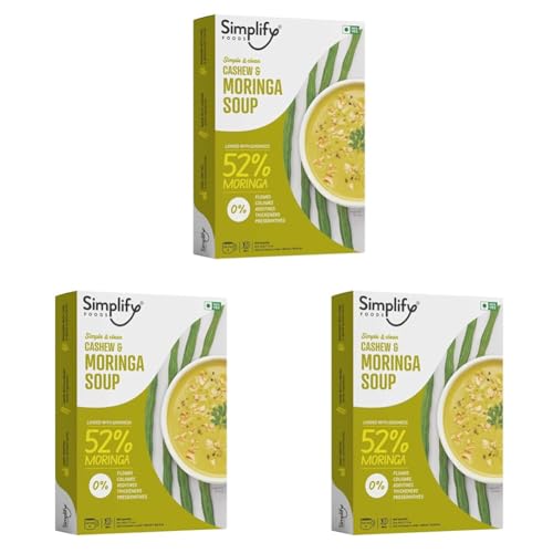 Image of Simplify Foods Cashew & Moringa Instant Soup | Made with 52% Real Moringa Pulp | Pack of 3 (Makes 500ml) | Just Add Hot Water | No Cooking Required | Clean Label | 0% Additives or Preservatives