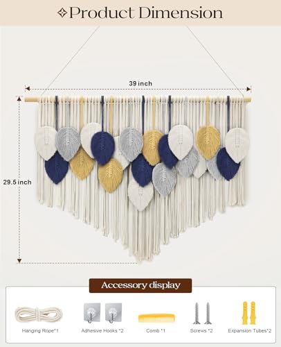 Tempospark Large Macrame Wall Hanging, 39" Wx29 L Boho Wall Hanging, Boho Chic Leaves Tassels Tapestry for Bedroom, Living Room, Dining Room, Nursery, Hallway, Balcony - image 5