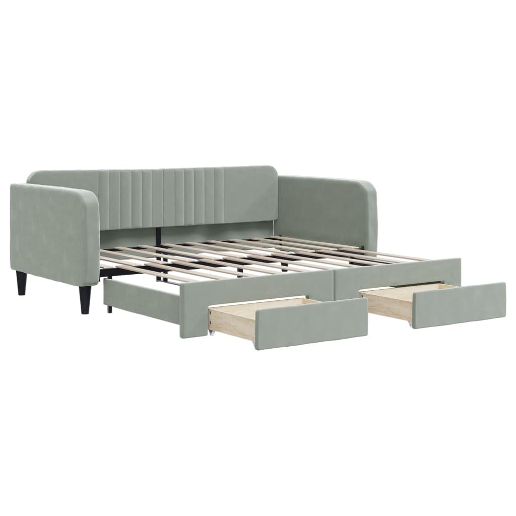 Łóżko dzienne wysuwane, jasnoszare 90 x 190 cm, aksamitne, z szufladami, sofa do spania 2 w 1, do pokoju gościnnego, wytrzymała rama łóżka z metalu i drewna, nowoczesne wzornictwo