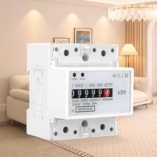 Image of Single Phase KWH Meter, 4P LED Electronic Din Rail KWh Meter DDM75S | Power Consumption Wattmeter Energy Meter, Power Usage Tracking, 10 to 40A Digital Display, Wheel Counter, Two Wiring Methods