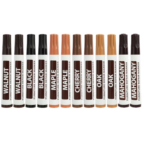 12 Piezas Marcadores de Reparación para Muebles de Madera, 6 Colores para Rayas, Arañazos en Pisos de Parquet, Laminados y Muebles, Incluye Tonos de Arce, Roble, Cerezo, Nogal, Caoba y Negro