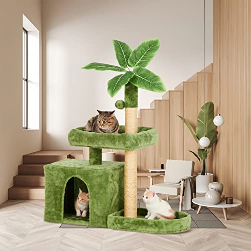 Image of 31.5inch Small Cat Tree Tower Condo for Indoor Cats, Soft Plush Multi-Level Climbing Tree Cat House with Cat Cave, Scratching Post, Sisal Rope, Green