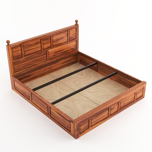 Image of Sheesham Wood Queen Size Bed with Storage Box | Wooden Box Bed Queen Size Double Cot Bed with Storage for Bedroom | Premium Lattu Design Headboard Bed for Living Room | Honey Finish