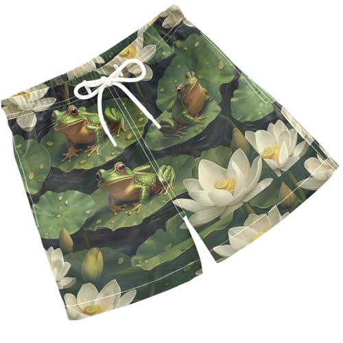 Pigsaly Boys' Swim Board Shorts White Lotus Flowers Watercolor Green Frogs Boy's Swim Trunks Kids Swimwear XS