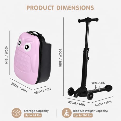 Detachable Scooter Suitcase for Kids & Teens, 3D Cute Owl Ride-On Luggage - image 9