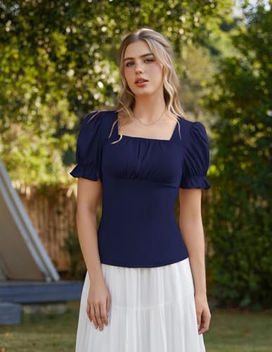 Peasant Tops for Women Vintage Puff Sleeve Square Neck Renaissance Shirt Navy XXL — view 2