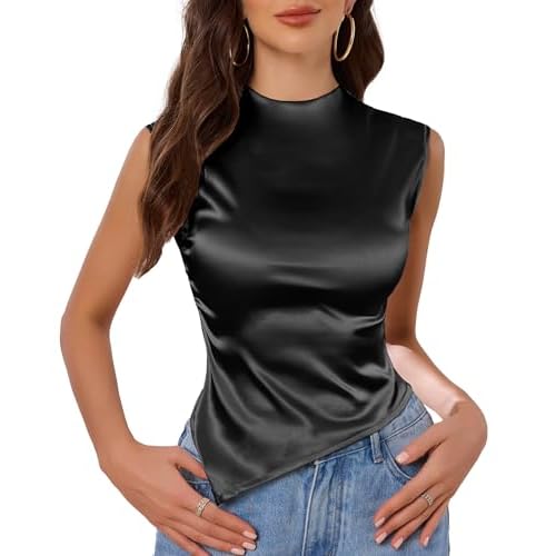VIDUSSA Crop Tank Tops for Women - Mock Neck Sleeveless Satin Blouse Ruched Slim Fitted Asymmetrical Hem Silk Tops Large Black