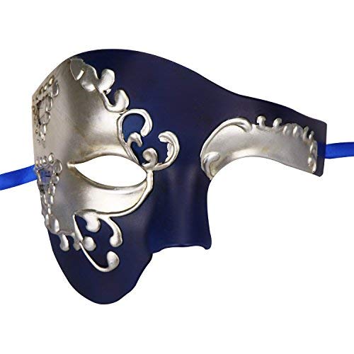 Thmyo Phantom de Demi-Visage Vintage des Hommes de l'opéra Masque de Mascarade de Carnaval vénitien (Bleu et Argent)