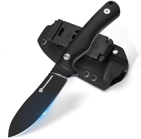 DRACHENADER 8.11" Fixed Blade Hunting Knife with Sheath and G10 Handle SHADOW, Full Tang D2 Steel Blade Camping Knife, Horizontal & Vertical Carry for Outdoor, Fishing and Hiking (Black)