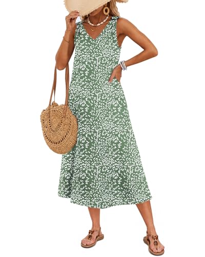 MOLERANI Women's Summer Maxi V Neck Dresses with Pockets,Flyleaf Olive,S
