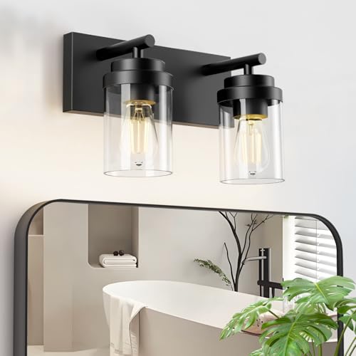 Image of IZORRO Bathroom Vanity Light Fixture, 2-Light 15 Inch Matte Black Bathroom Light Fixtures Over Mirror, with Clear Glass Shade, Modern Farmhouse Vanity Lights, Rustic Restroom Lighting Fixtures