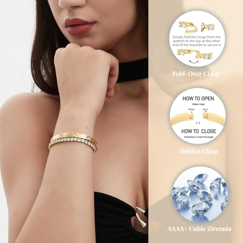 18K Gold Plated Dainty Tennis Bracelets Set 4mm/6mm Love Bangle Bracelets with 3mm/4mm Cubic Zirconia Classic Tennis Bracelet| Gold Bracelets for Women | Size 6.5/7/7.5 Inch2