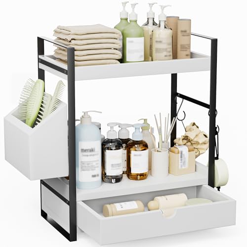 Aollewoiti 2-Tier Bathroom Counter Organizer with Drawer and Basket, Wood