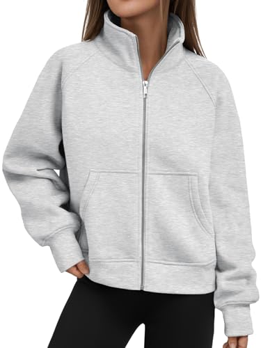 Trendy Queen Womens Zip Up Hoodies Oversized Crewneck Sweatshirts Casual Jackets Y2k Clothes Fall Fashion Outfits 2025 Grey L