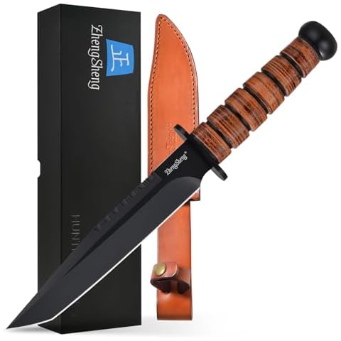 ZhengSheng 8.0 inches Full Tang Fixed Blade Knife, Black Titanium PVD Coating DC53 Steel Blade Hunting Knife with Leather Sheath, Ergonomic Handle Bushcraft Bowie Knife for Camping, Hiking Cover
