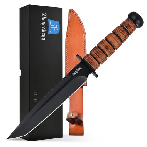ZhengSheng 8.0" Fixed Blade Hunting Knife, DC53 PVD Coating Blade Full Tang Survival Knife with Leather Sheath, Ergonomic Handle Bushcraft Bowie Knife for Camping, Hiking