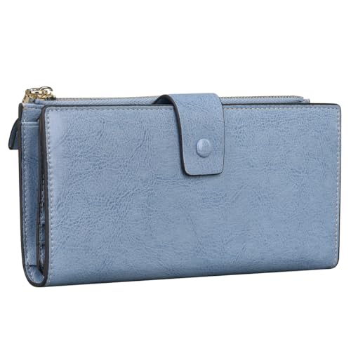 Image of Itslife Womens Wallet RFID Blocking Large Capacity Luxury Wax Genuine Leather Wallets Clutch Wallet Ladies Card holder,Denim Blue