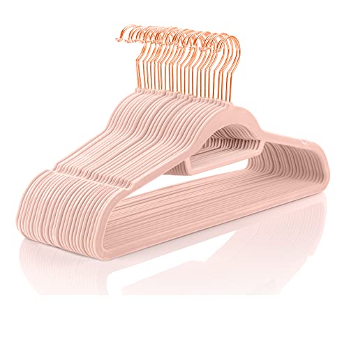 MIZGI Premium Velvet Hangers - Pack of 50 - Blush Pink - Copper/Rose Gold Hooks - Non-Slip Suit Hangers, Clothes Hangers Bonus Accessory Bar for Suits, Pants, Dresses
