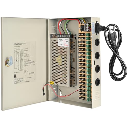 CCTV Power Supply Box 18 Channel 12V 10A Lockable Metal Power Distribution with Resettable Fuse for Security Cameras DVRs