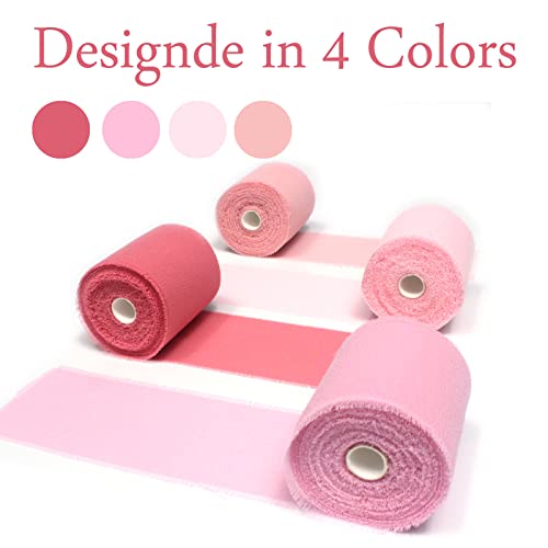 Handmade Fringe Chiffon Silk-Like Ribbon Blush Pink Tones Mixing Colors Swatches 1-3/4" X 5Yd, 4 Rolls, Cakasi Fabric Ribbons For Wedding Bouquets Invitations Backdrop Decorations Gift Wrapping #TOP2