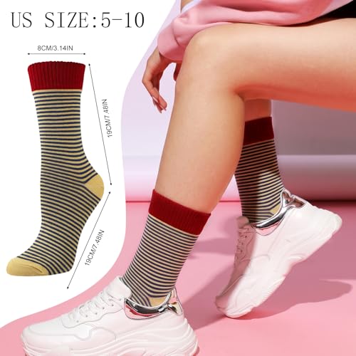 Image of Jspupifip Womens Strip Crew Socks 6 Pairs Cotton Casual Athletic Socks Cute College Style Ribbed Colorful Crew Sock