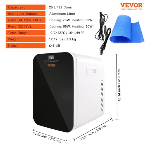 Image of VEVOR Mini Fridge for Bedroom, 20L Skincare Fridge with Touch Screen Temper Control, Outage Memory Small Beverage Refrigerator for Makeup Drink Food, AC /DC Cooler Heater for Office Dorm Car, Black