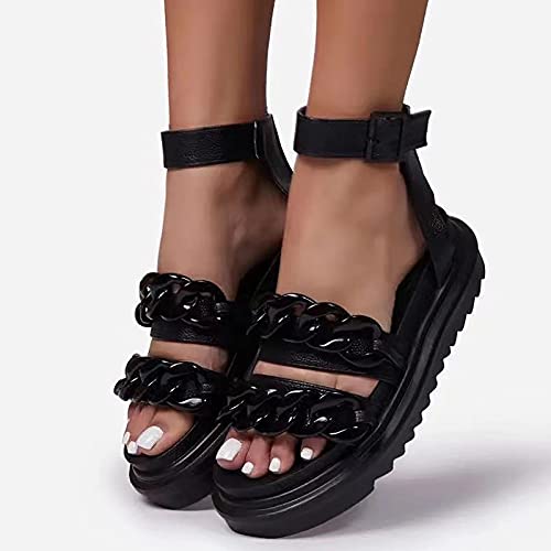 NICETOW Sandálias Femininas Plataforma Feminino Peep Toe Sandália de verão em Cunha com fivela Tira no Tornozelo Peep Toe Sapatos Planos confortáveis, pretos, 43EU