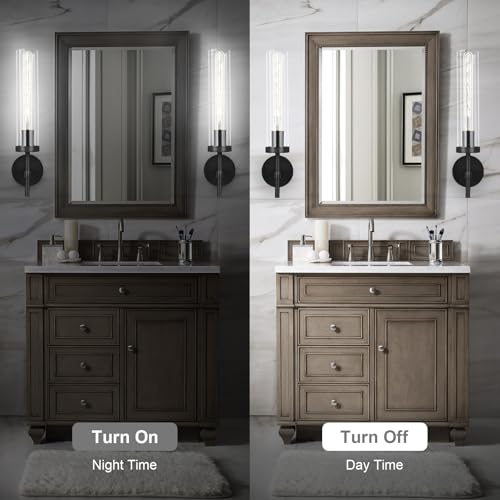 Image of Black Wall Sconces Set of 2, 19.5 inch Knurled Matte Black Bathroom Vanity Light Fixture with Clear Glass Tube, Modern Industrial Wall Lamp for Bathroom Mirror Bedroom Living Room Hallway Stairs