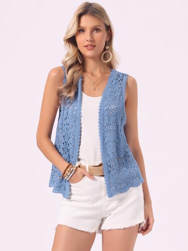 Image of Allegra K Women's Floral Crochet Hollow Out Sleeveless Open Front Boho Vest Cardigan