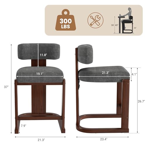 Image of Bar Stools Set of 5, Upholstered Counter Height Bar Stools, Mid Century Modern Counter Stools with Curved Backrest, Solid Wood Legs, 26 inch Bar Chairs for Kitchen Island Bar, Dark Grey