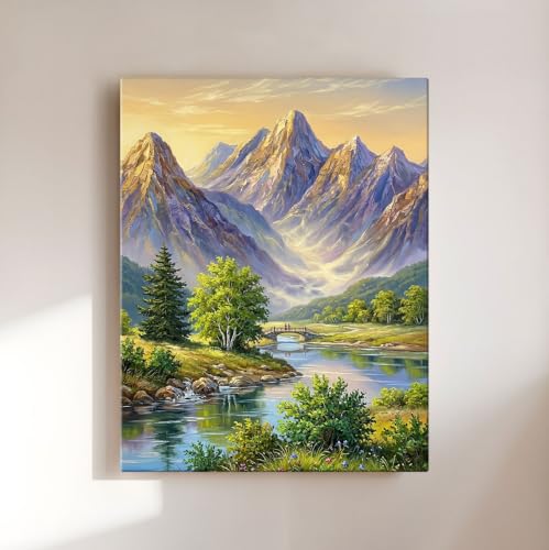 Image of ArtX Mountain Canvas Painting for Wall Decoration, Mountain Painting Vastu, River Valley Nature Wall Art, Gallery Wrapped for Living Room, Bedroom, Office Decor, 45 x 58 cm