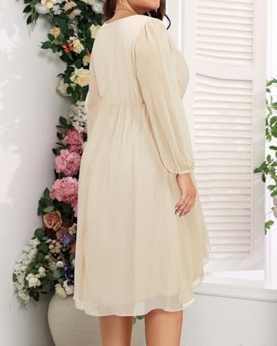 Image of Talisea Plus Size Cocktail Dress - Formal Wedding Guest Fall Long Sleeve A Line Pleated V Neck Midi Dresses for Curvy Women