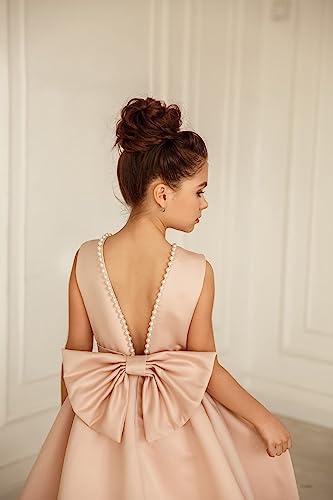 Jisisang Pearls Flower Girl Dress Satin Long Swing Dress For Girls Communion Dress Sleeveless Wedding Pageant Dress With Bow-Knot Champagne 08 #TOP3