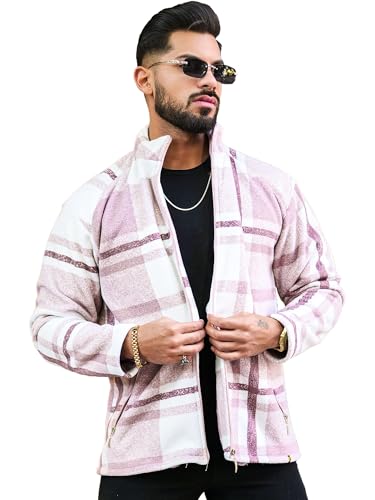 Image of Maniac Mens Checkered Full Zipper Fullsleeve Polyester Blend Fleece Shacket for Men