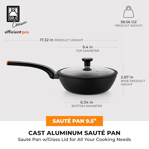Image of BRA COOKWARE Efficient Pro Nonstick Saute Pan w /Lid | 9.5 Inch - 3.2 Quart Cast Aluminum Deep Skillet | 3-Layer Scratch Resistant Coating | PFOA Free | All Cooktops Skillet | Heat-Resistant Handle