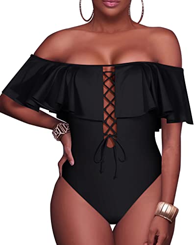 Image of Tempt Me Women Sexy One Piece Swimsuit Ruffled Off Shoulder Lace Up Bathing Suit