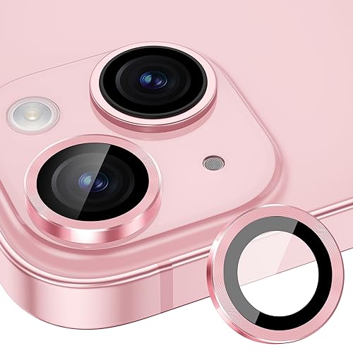 Image of Tempered Glass Camera Lens Protector Compatible For Iphone 15 /15 Plus,Individual Metal Ring 9H Hardness Scratchproof Protector,Stylish Accessories,Case Friendly(Pink)
