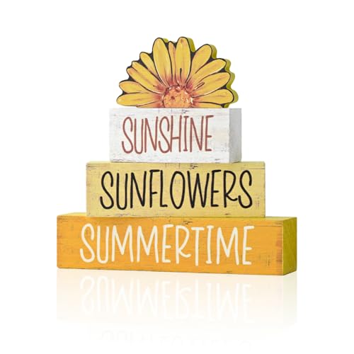 Smile 4 Pcs Summer Indoor Wooden Decor Sunshine Sunflower Summertime Tiered Tray Farmhouse Table Decoration for Home and Office