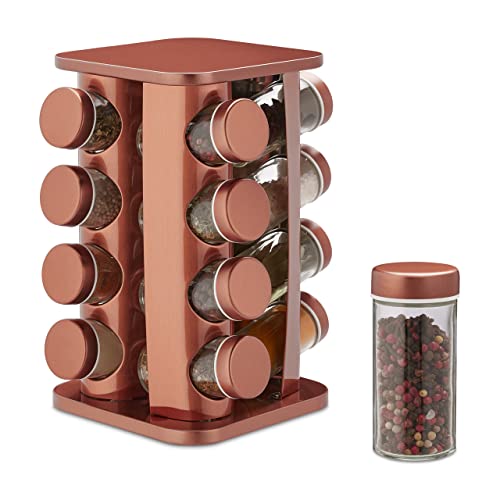 Relaxdays Gewürzkarussell, 16 Gewürzgläser, 360° drehbar, Edelstahl & Glas, HxBxT: 28 x 20 x 20 cm, Gewürzregal, kupfer