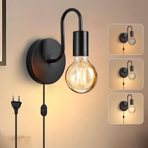 Lightess Lámpara de Pared Interior con Regulable Interruptor y Enchufe, Aplique de Pared Vintage Industrial Negro E27 para Dormitorio Escalera Salón