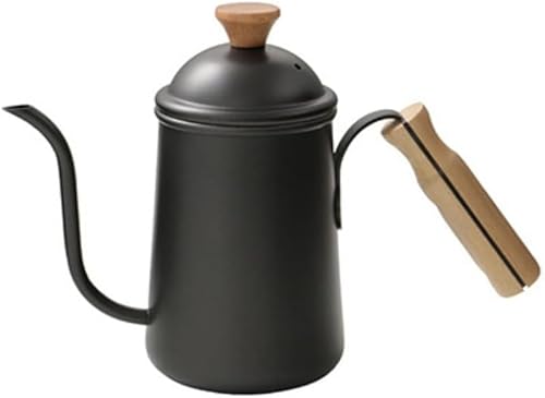 KryZaro 650ML オフホワイトコーヒードリップポット 細口ドリップケトル 木製持ち手付き 直火・ステンレス製 蓋付き 1~2 人用 家庭・アウトドアキャンプ用品