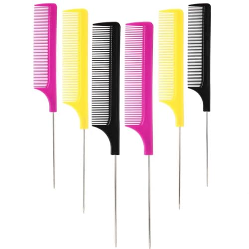 Rat Tail Combs Set 6 Pcs Professional Teasing Comb with Metal Pick Styling Parting Braiding Salon Cutting Barber Hair Stylists Curly All Hair Types For Women Men and Girls