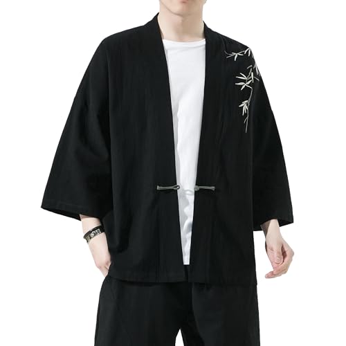 Image of Mens Kimono Cardigan Cotton Linen Japanese Shirt 3 /4 Sleeve Haori Yukata | Skin-Friendly Solid Color Lightweight Shawl Collar Kimono Robe Embroidery Button Tie Pockets Happi Coat All Season Daily Wear