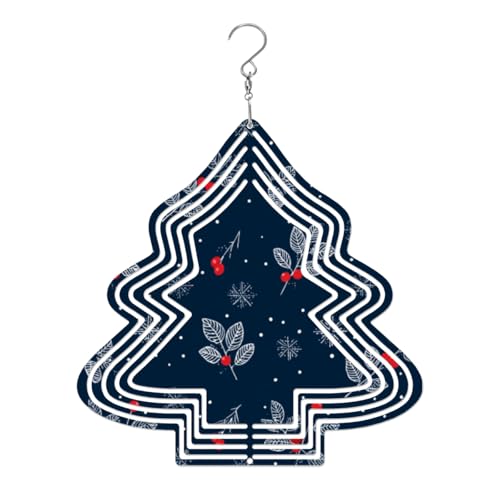 Snugozo 10inch Christmas Tree Shaped Wind Chimes for Outdoor Decor, Red Berry & Snowflake, Wind Spinners for Yard & Garden, 3D Kinetic Tinplate Hanging Sculpture, Ideal for Patio