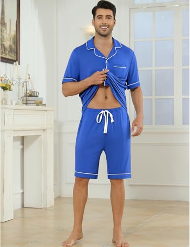 Image of Veseacky Men's Button Down Pajama Set Short Sleeve Shorts Modal Soft Sleepwear Loungewear Pjs with Pockets S-XXL